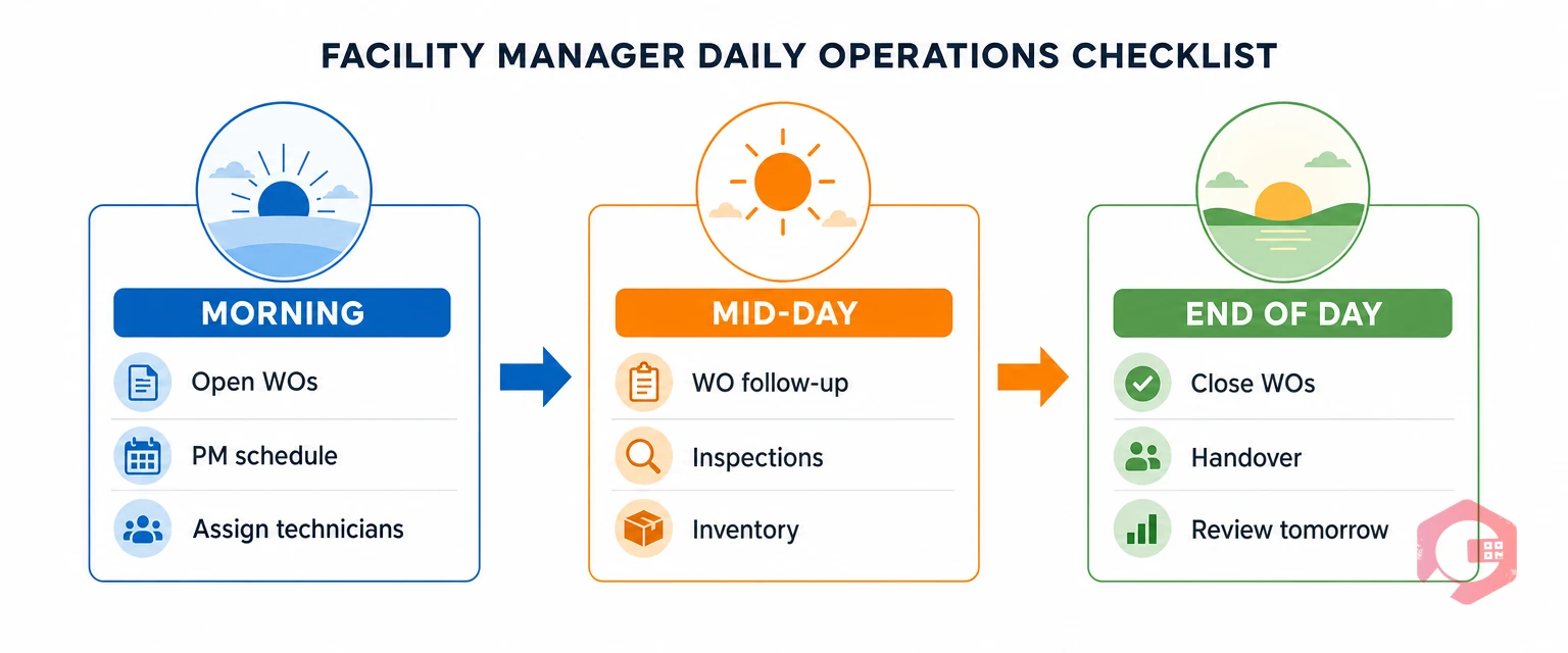 Facility manager daily operations checklist — morning shift review, mid-day follow-up, end-of-day close and handover | Cryotos