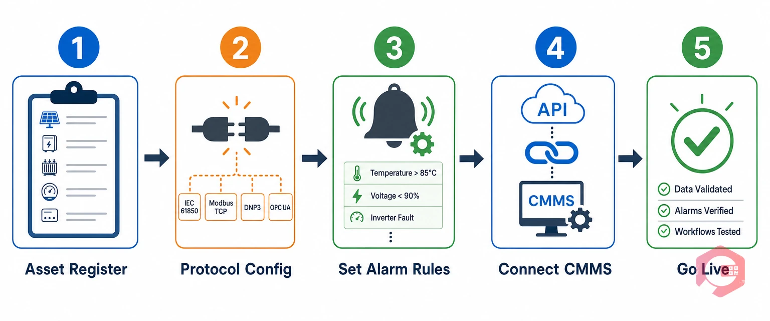 Five-step SCADA CMMS setup process for solar power plants — asset register, protocol config, alarm rules, CMMS connect, validate and go live | Cryotos
