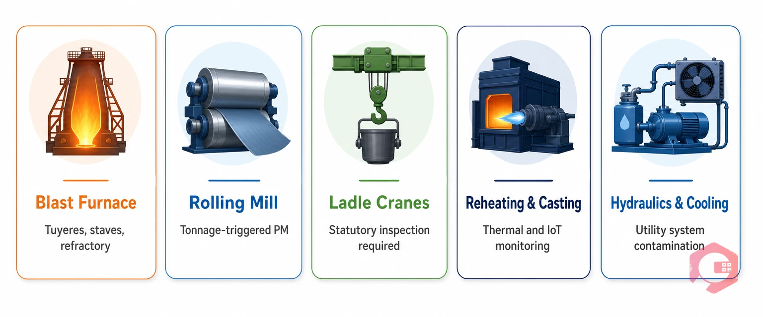 Five critical steel plant asset categories and their maintenance challenges — blast furnace, rolling mill, ladle cranes, reheating and casting, hydraulic cooling | Cryotos