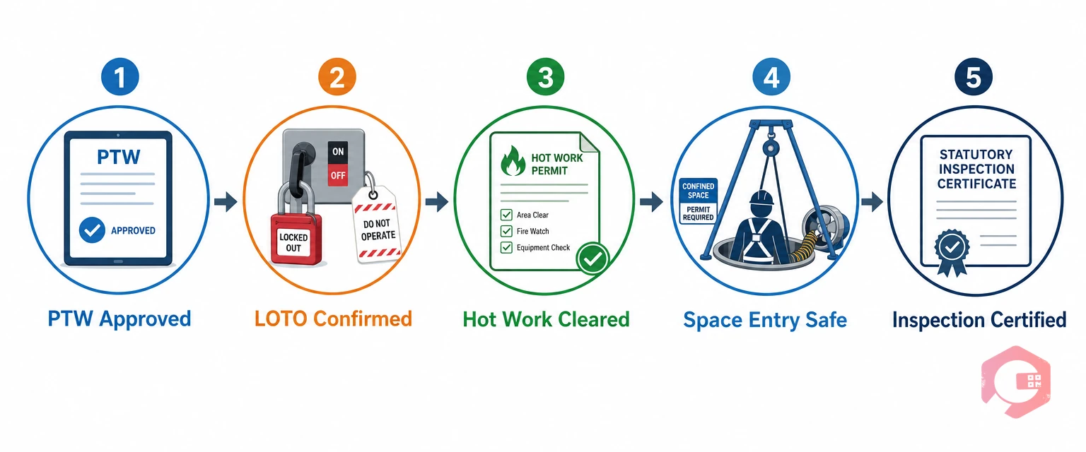 Steel plant safety compliance workflow in CMMS — PTW approval, LOTO isolation, hot work permit, confined space, statutory inspection | Cryotos