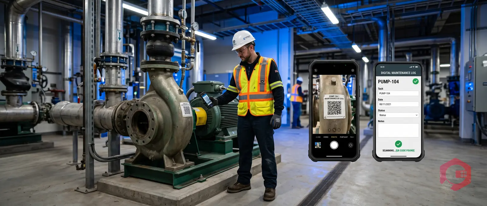 Maintenance technician scanning a QR code on industrial equipment to open a digital maintenance log on a mobile device | Cryotos