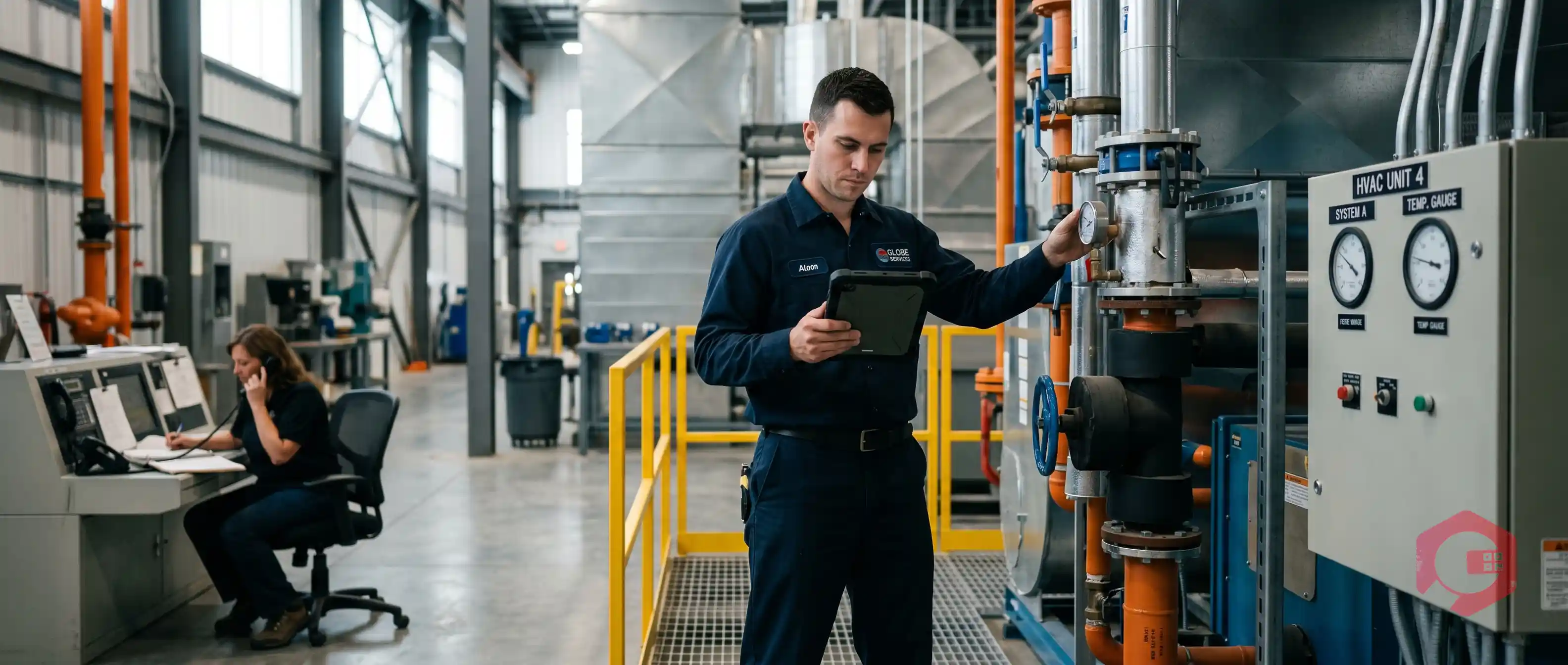 Field service technician inspecting equipment with mobile dispatch tablet — Best FSM Software 2026 | Cryotos