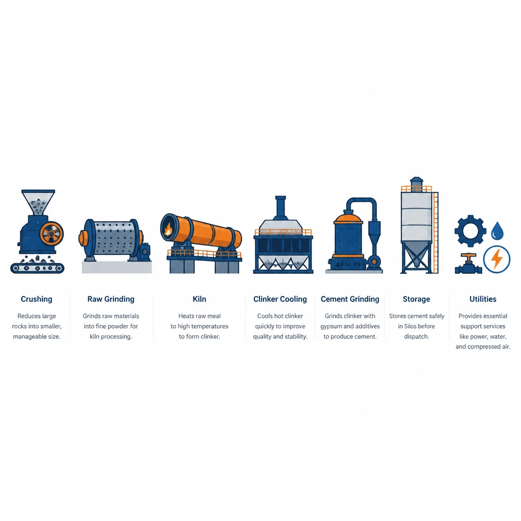 Key equipment categories in a cement plant — 7 category icons illustration | Cryotos