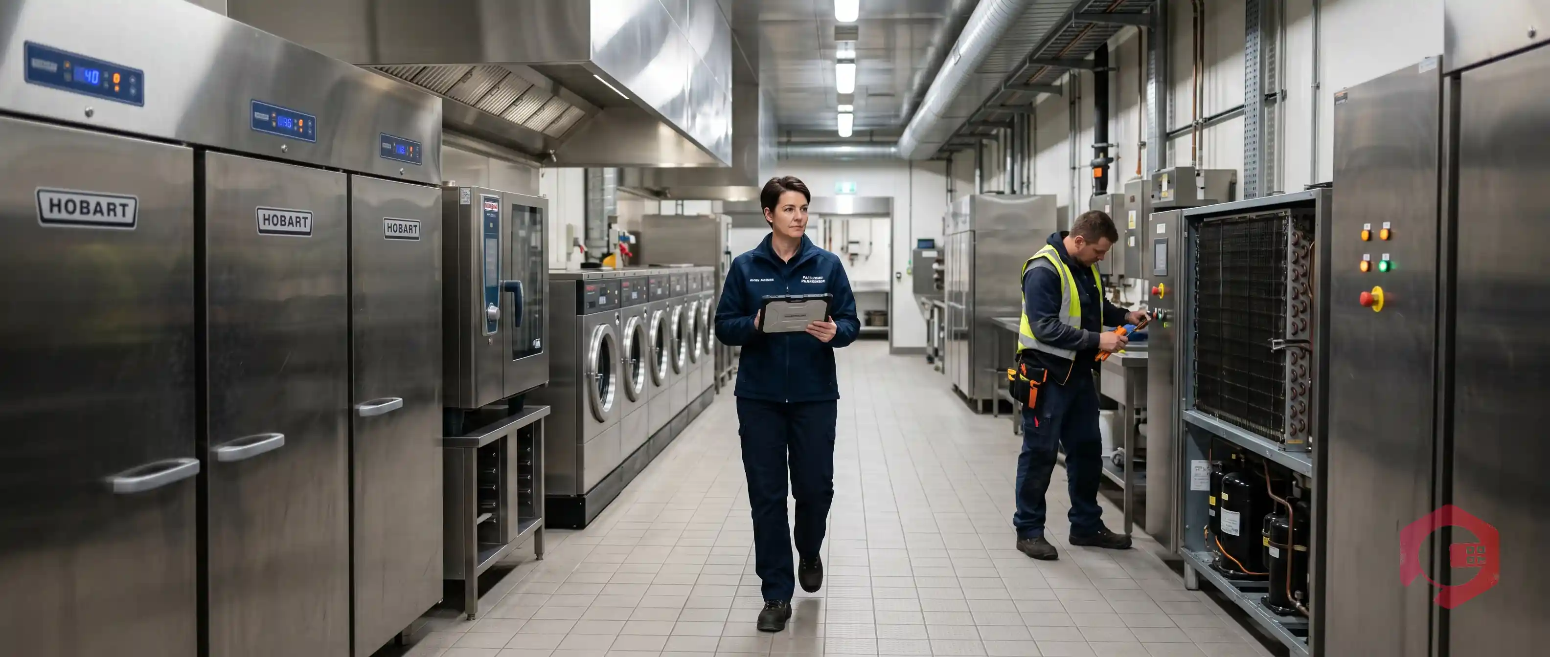 Facility maintenance manager auditing a fleet of commercial appliances across a hotel utility floor | Cryotos