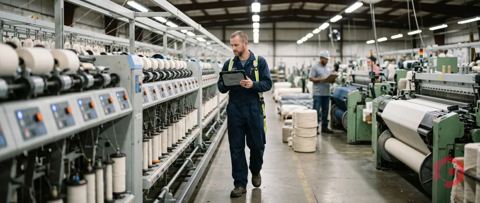 Textile mill maintenance technician using mobile CMMS to inspect ring frames and looms | Cryotos