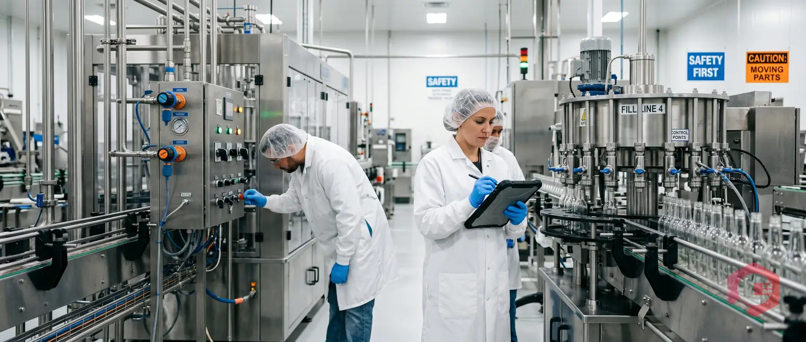 Food manufacturing facility maintenance team in white PPE conducting compliance inspection | Cryotos