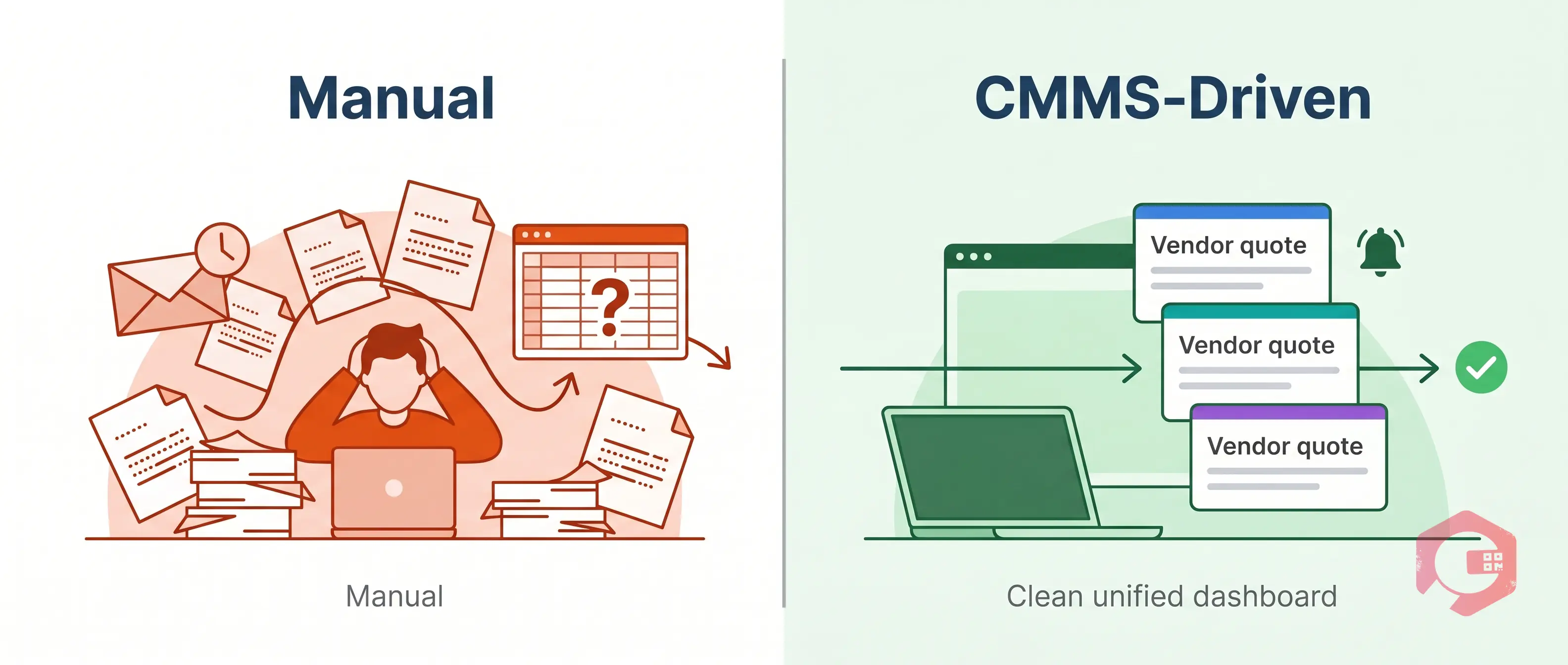 Manual versus CMMS-driven maintenance quotation workflow side-by-side comparison | Cryotos