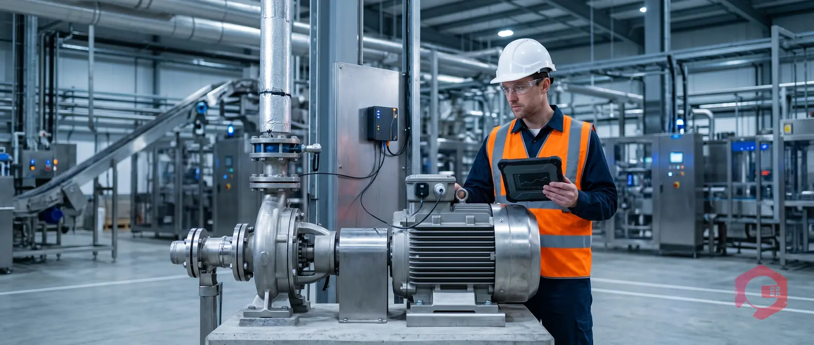 Reliability engineer with tablet next to IoT-monitored industrial motor and pump in modern facility | Cryotos
