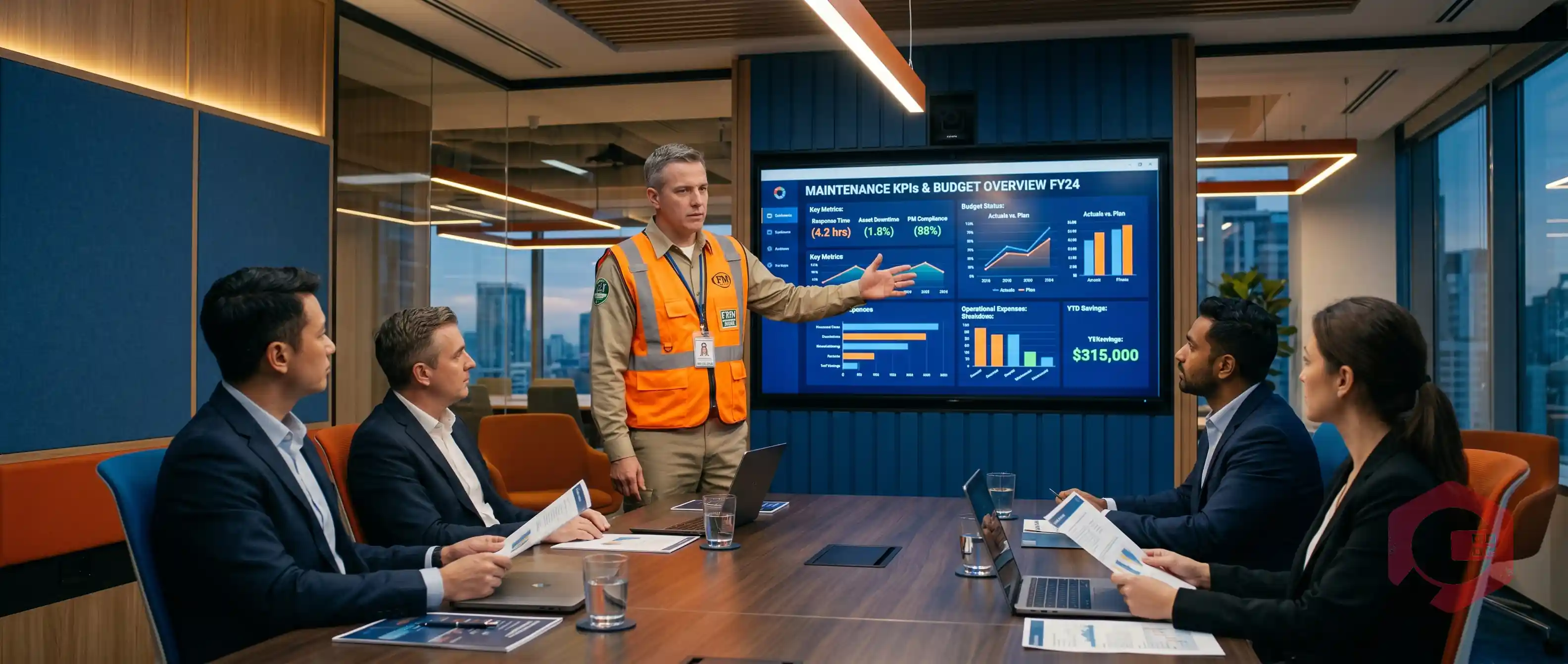 Facility maintenance manager presenting CMMS budget data to finance team | Cryotos