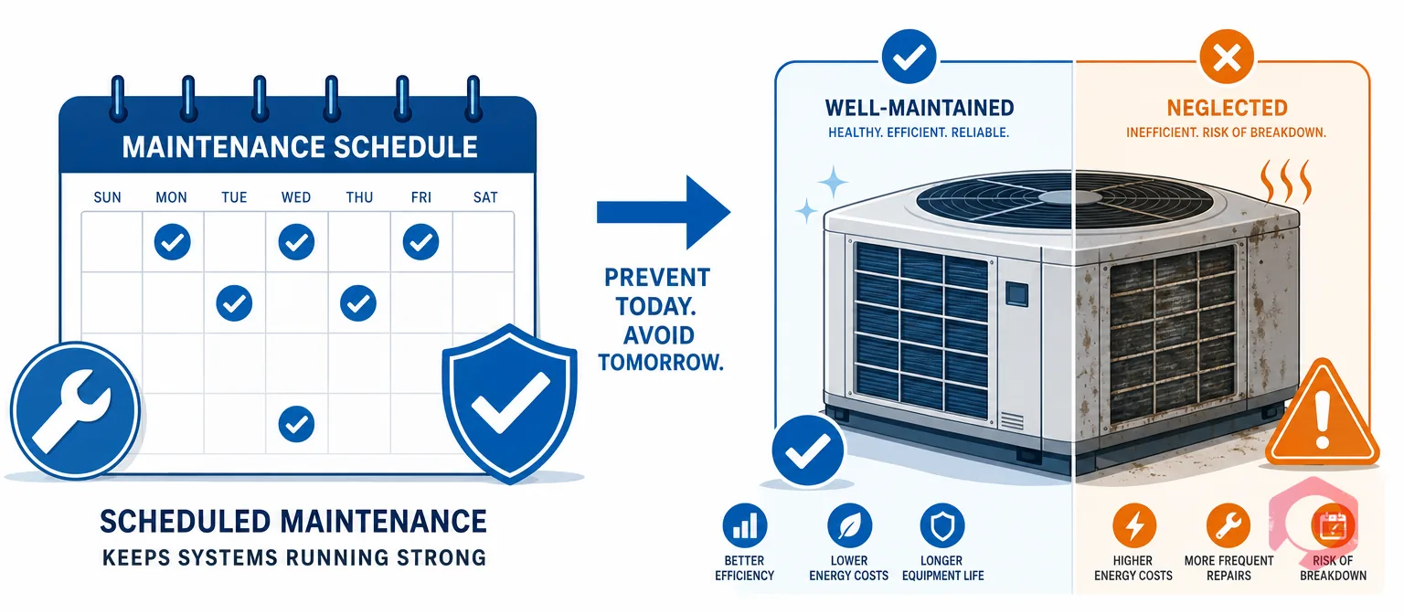HVAC preventive maintenance concept: scheduled maintenance on calendar vs reactive breakdown | Cryotos