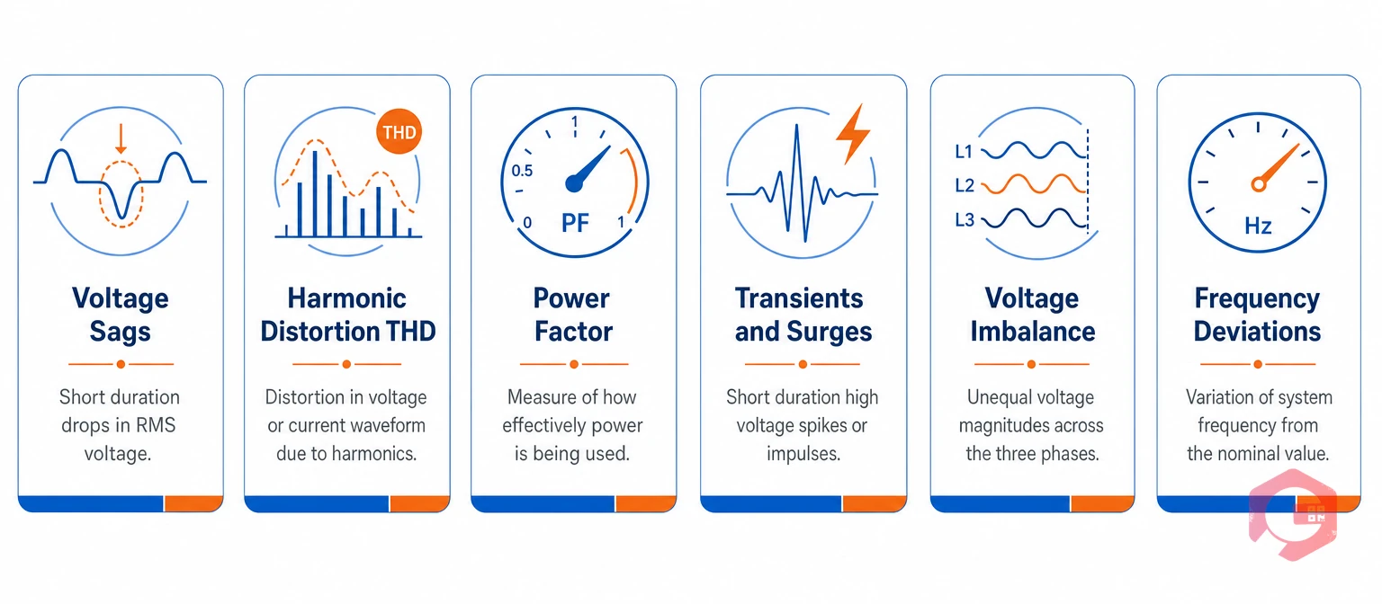 Power quality audit parameters: voltage sags, harmonic distortion, power factor, transients, voltage imbalance, frequency deviations | Cryotos