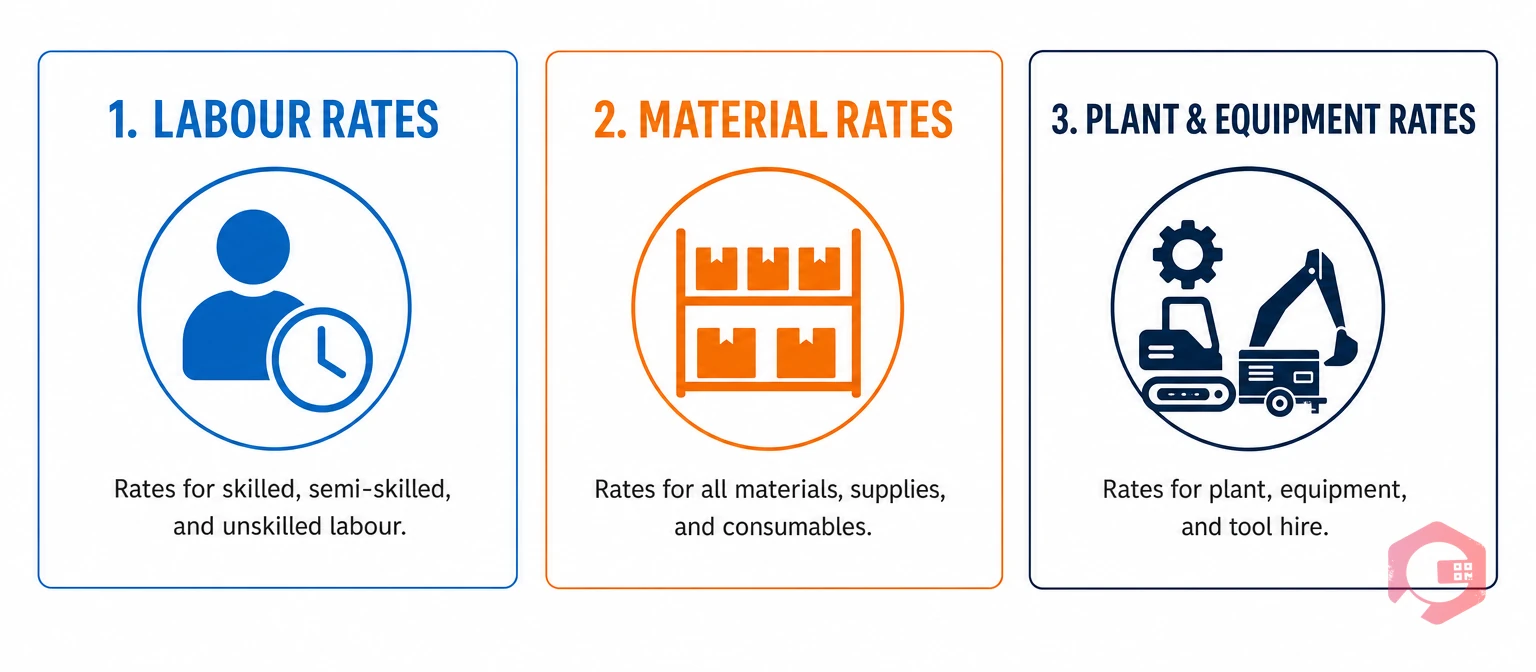 Schedule of rates components: labour rates, material rates, plant and equipment rates in CMMS | Cryotos