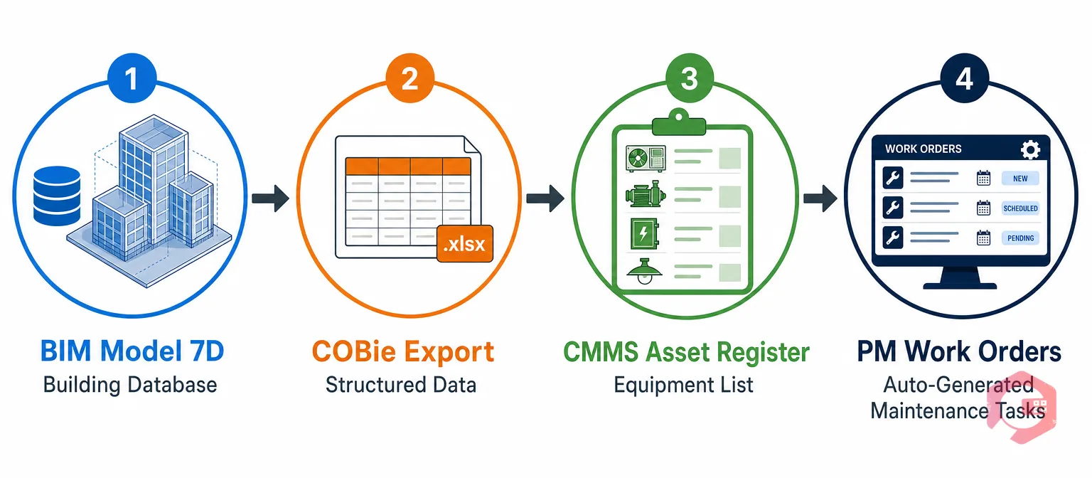 BIM to CMMS data flow: COBie export from BIM model populates asset register, PM schedules, and work orders in CMMS | Cryotos