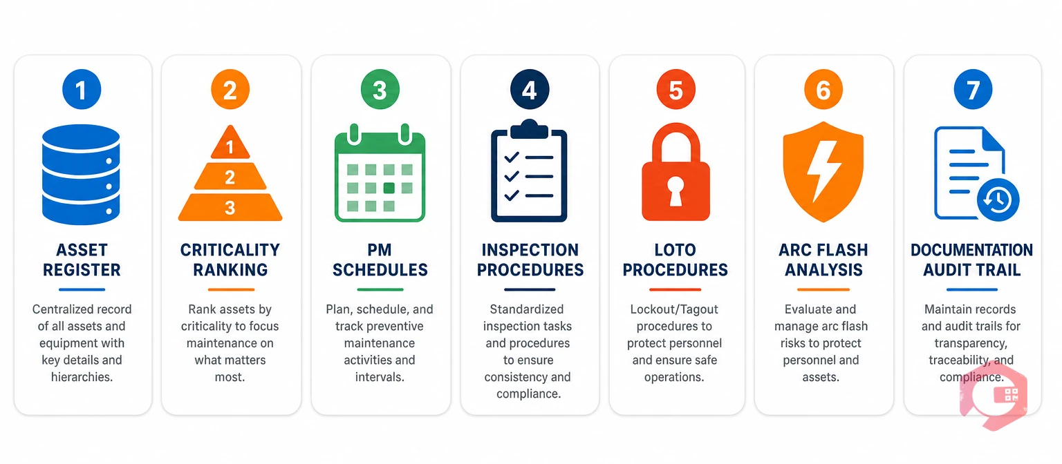 7 core components of electrical maintenance program: asset register, criticality ranking, PM schedules, inspection procedures, LOTO, arc flash analysis, documentation | Cryotos