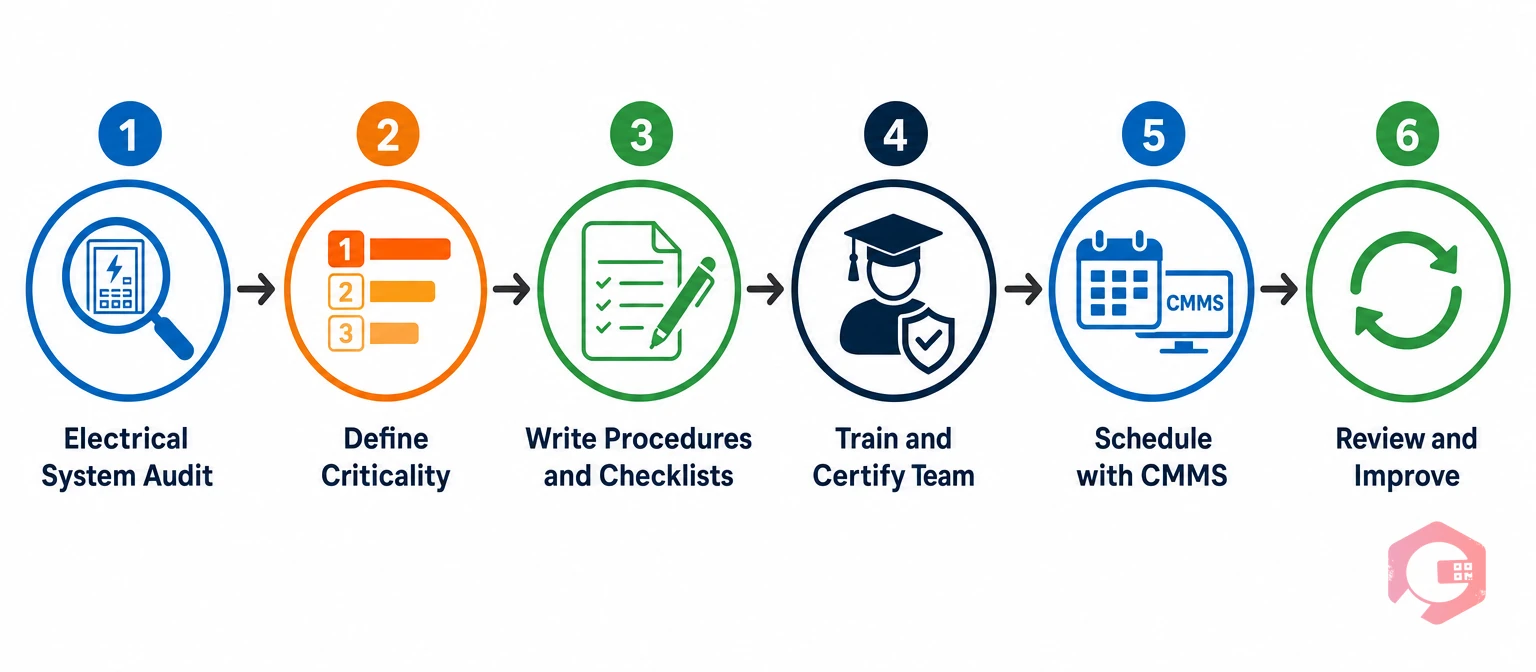 6-step electrical maintenance program implementation: system audit, criticality ranking, write procedures, train team, CMMS scheduling, review and improve | Cryotos