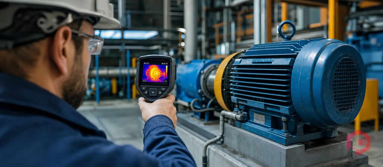 Thermal imaging motor condition monitoring: technician using infrared camera to scan industrial electric motor for heat anomalies | Cryotos