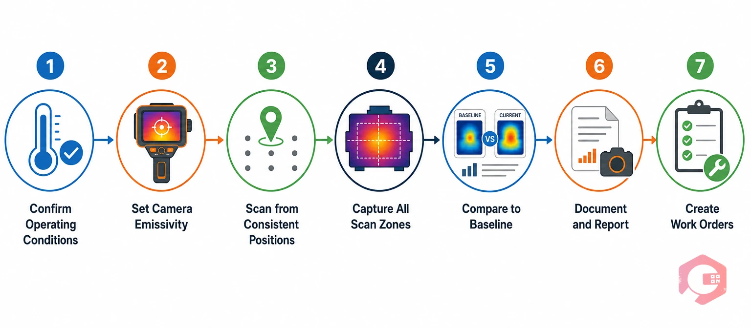 7-step motor thermal inspection process: confirm operating conditions, set emissivity, scan positions, capture images, compare baseline, document findings, create work orders | Cryotos