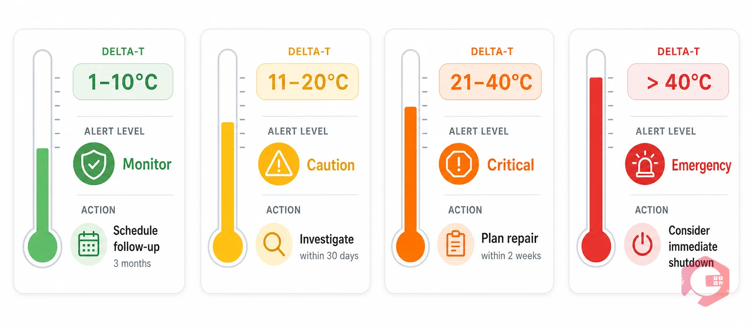 Motor thermal inspection temperature thresholds: delta-T 1-10 monitor, 11-20 caution, 21-40 critical, over 40 emergency | Cryotos