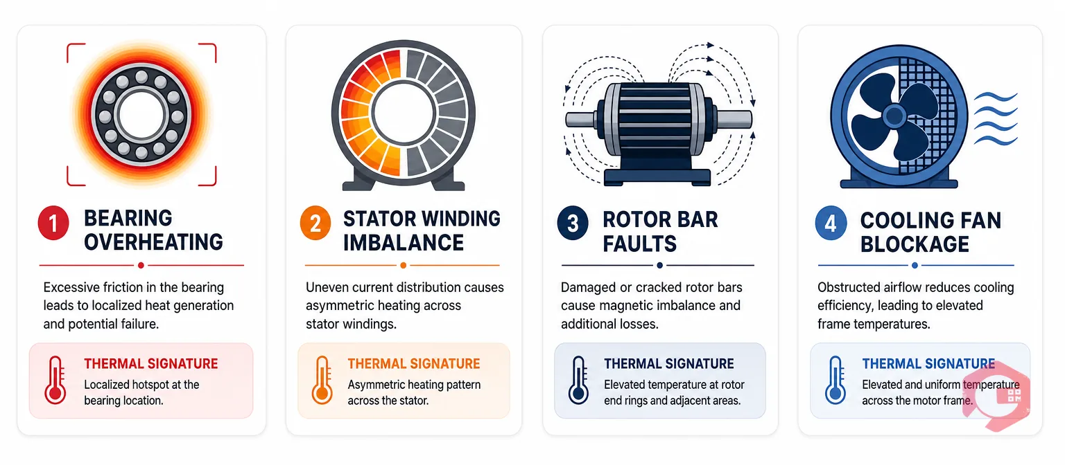 4 common motor faults detected by thermal imaging: bearing overheating, stator winding imbalance, rotor bar faults, cooling fan blockage | Cryotos