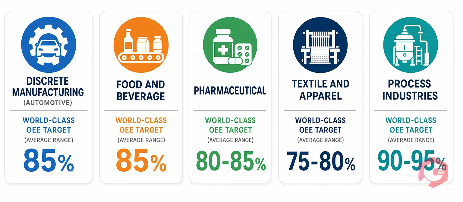OEE benchmarks by industry: discrete manufacturing 85%, food and beverage 85%, pharmaceutical 80-85%, textile 75-80%, process industries 90-95% | Cryotos