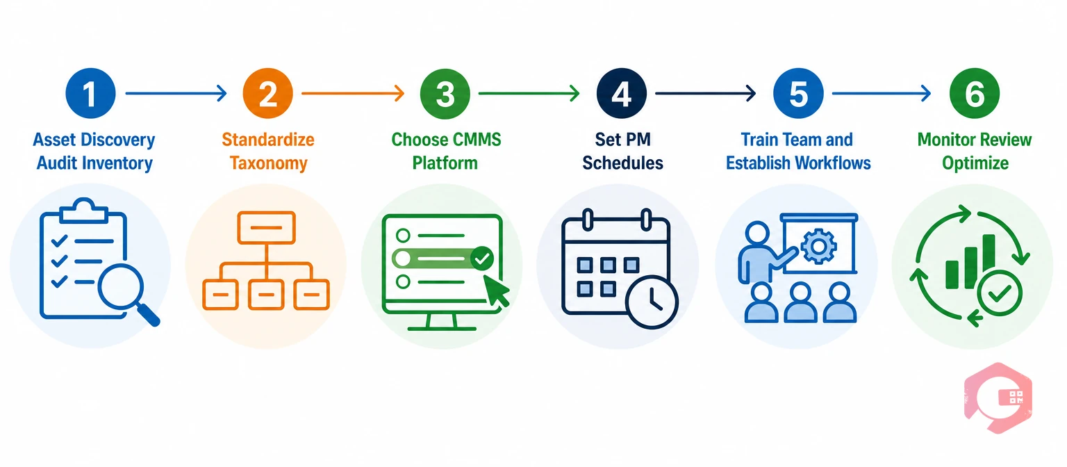 6-step data center asset management build process: asset discovery audit, standardize taxonomy, choose platform, set PM schedules, train team, monitor and optimize | Cryotos