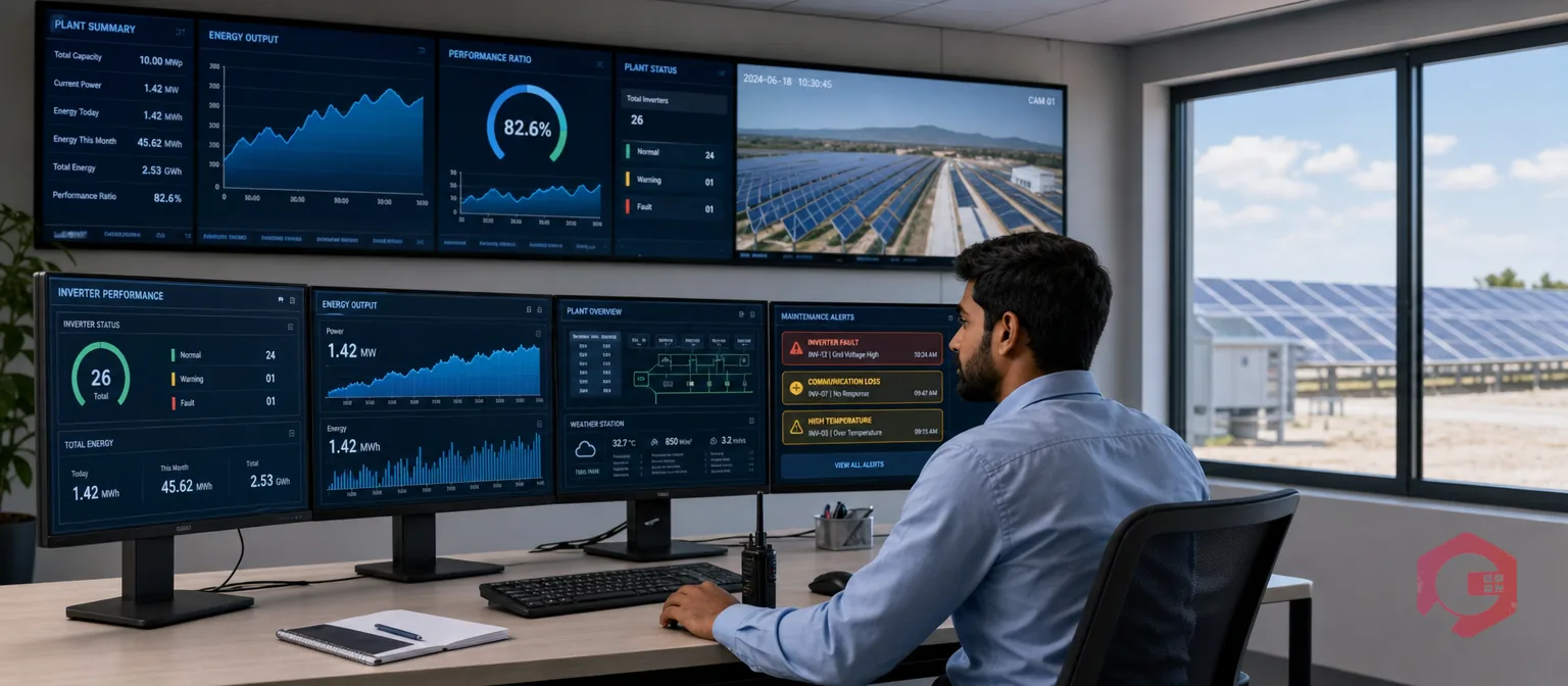 SCADA CMMS integration solar performance: solar plant operations engineer monitoring SCADA screens with inverter performance data and maintenance alerts | Cryotos