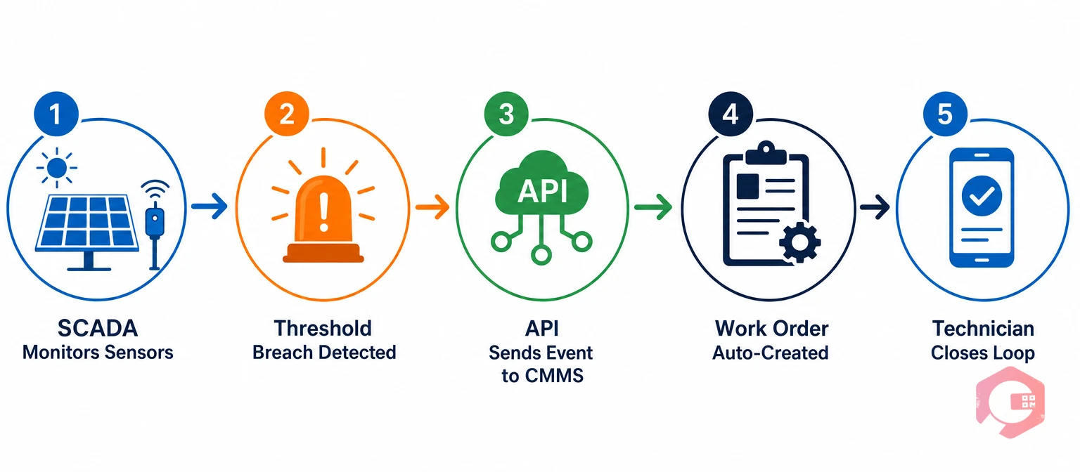 SCADA to CMMS data flow in solar plants: sensors monitor, threshold breach triggers event, API sends to CMMS, work order auto-created, technician closes loop | Cryotos