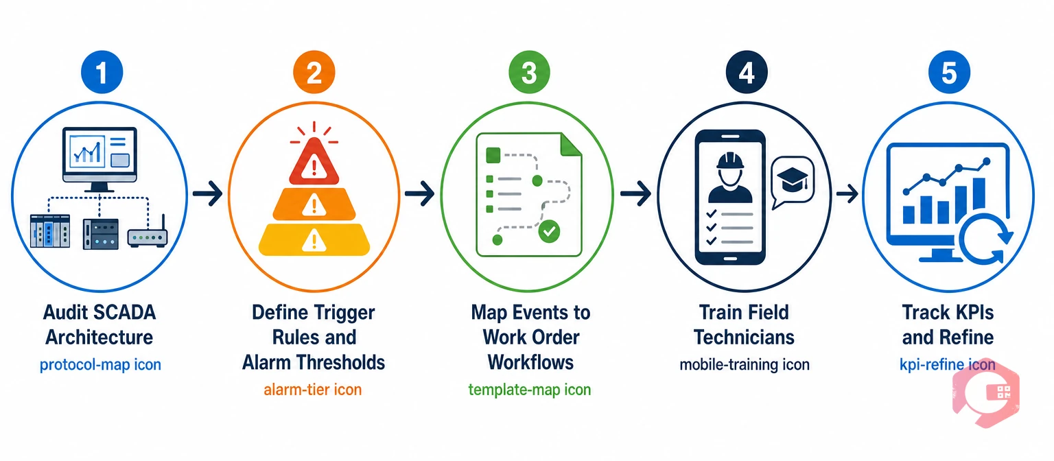 5-step SCADA-CMMS integration implementation: audit SCADA architecture, define trigger rules, map events to workflows, train technicians, track KPIs | Cryotos