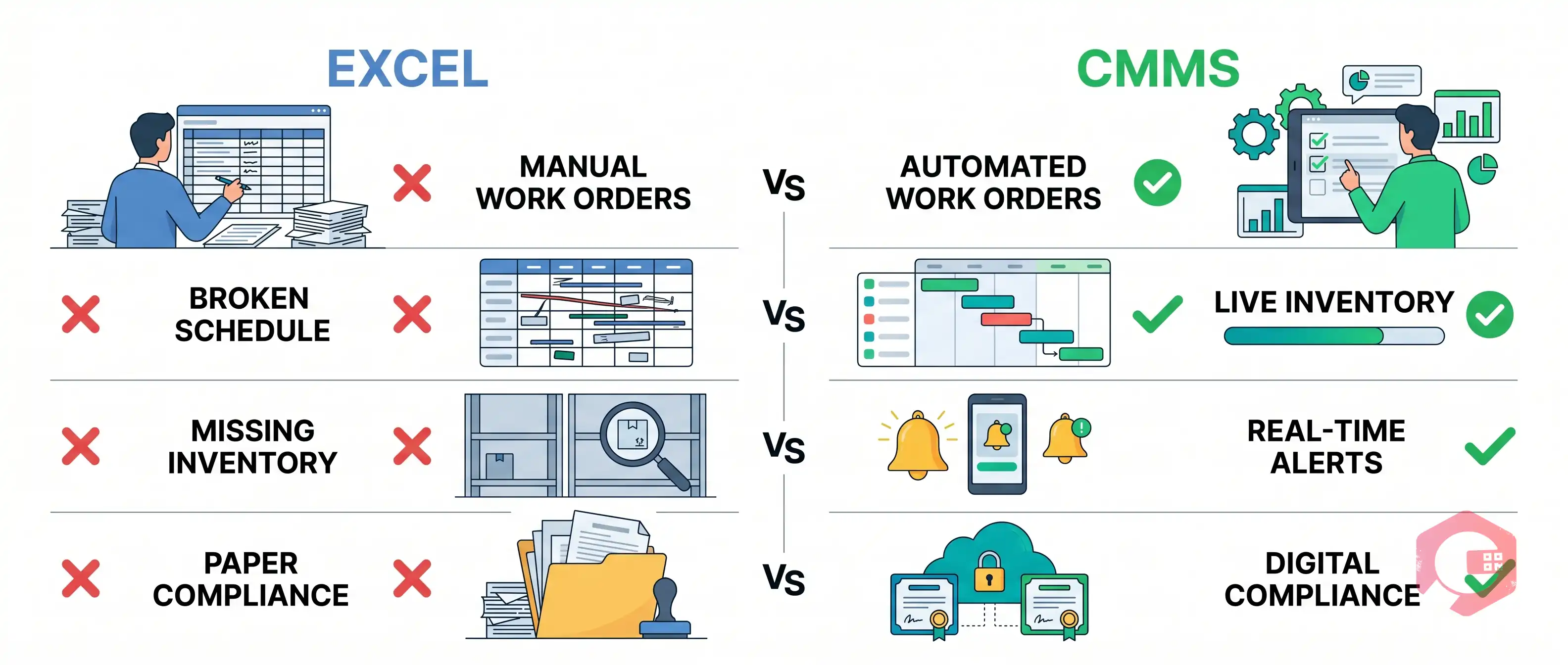 CMMS vs Excel comparison: automated work orders, real-time inventory, compliance audit trail, mobile access vs manual tracking | Cryotos