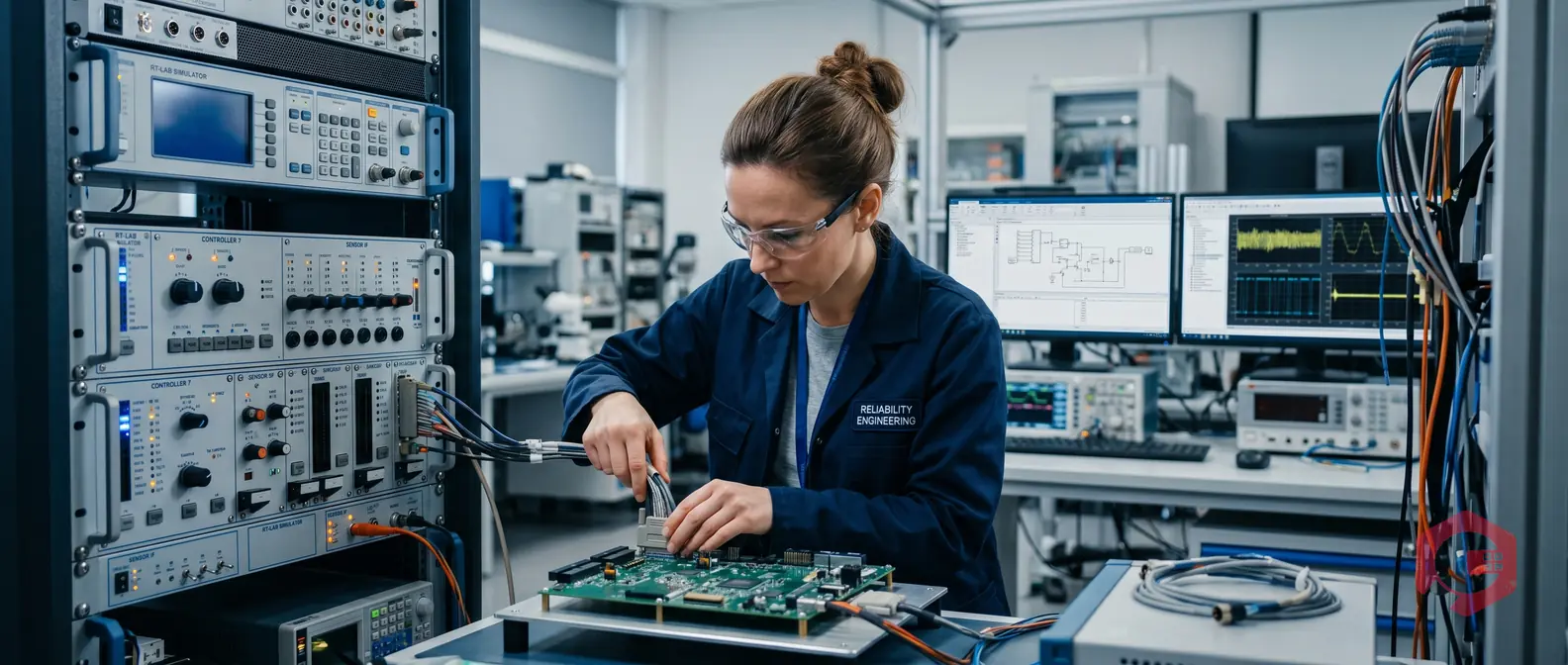 Reliability engineer running hardware-in-loop HIL testing setup connected to real-time simulation platform in lab | Cryotos