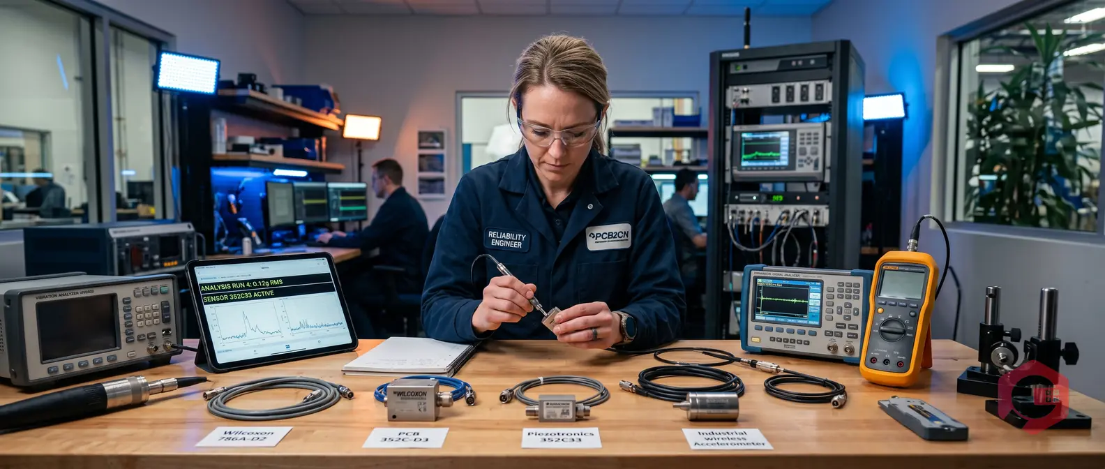 Engineer examining various vibration sensors and accelerometers for industrial condition monitoring systems | Cryotos