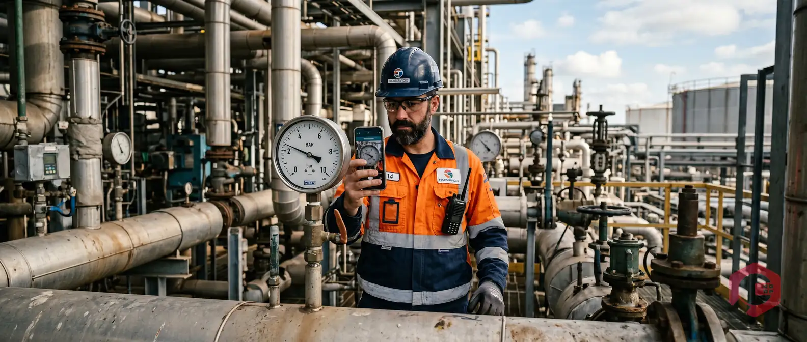 Maintenance technician using smartphone OCR meter reading app to capture industrial gauge reading during inspection | Cryotos