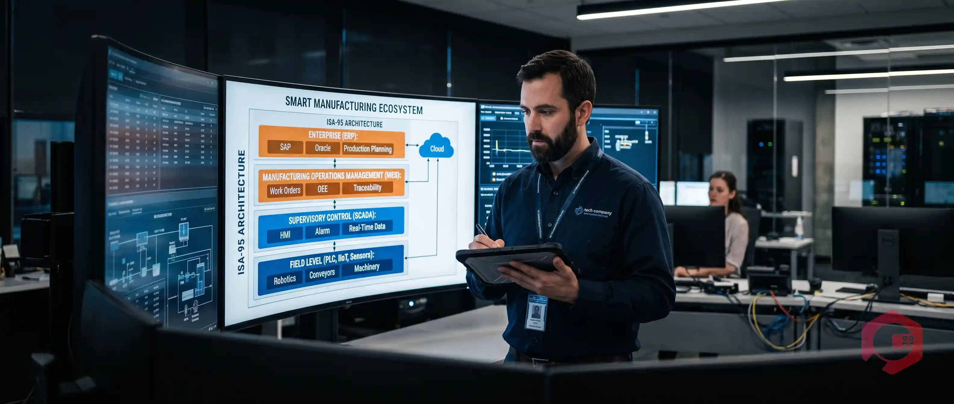 Automation engineer reviewing ISA-95 smart manufacturing integration architecture across ERP MES and CMMS systems | Cryotos