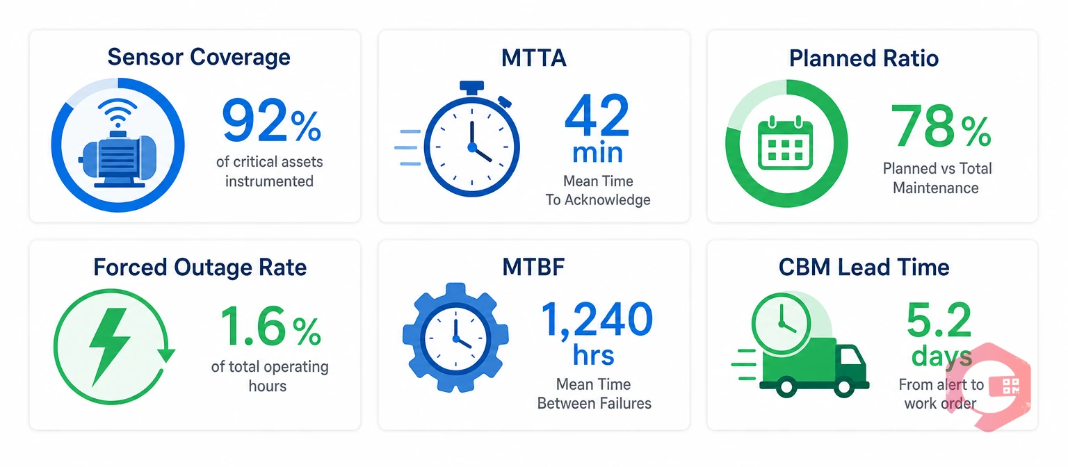 6 key CBM KPIs for power generation: sensor coverage, MTTA, planned ratio, FOR, MTBF, lead time | Cryotos