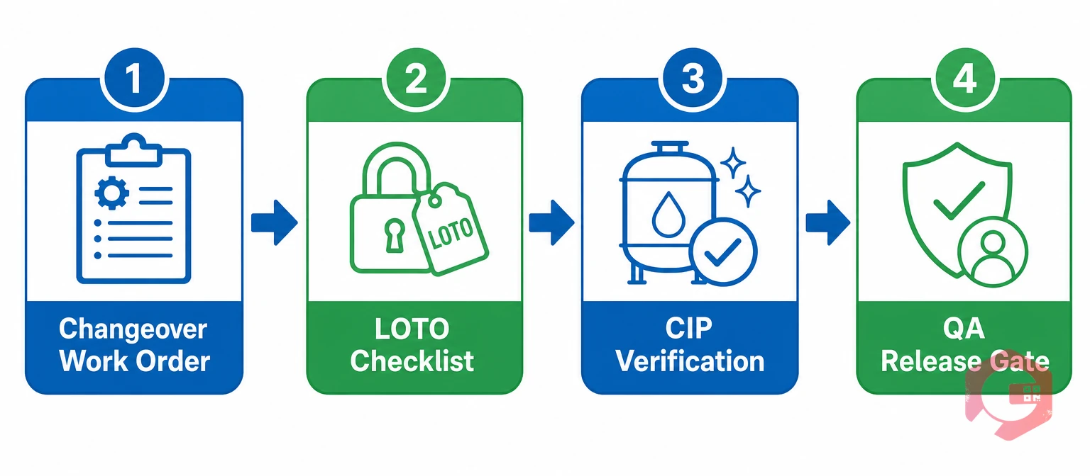 4-step CMMS equipment isolation workflow: changeover work order, LOTO checklist, CIP verification, QA release | Cryotos