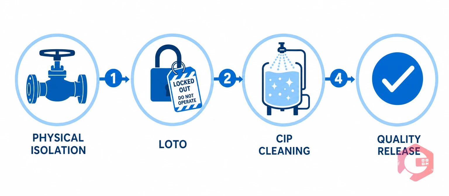 4-stage equipment isolation sequence: physical isolation, LOTO, CIP, quality verification | Cryotos