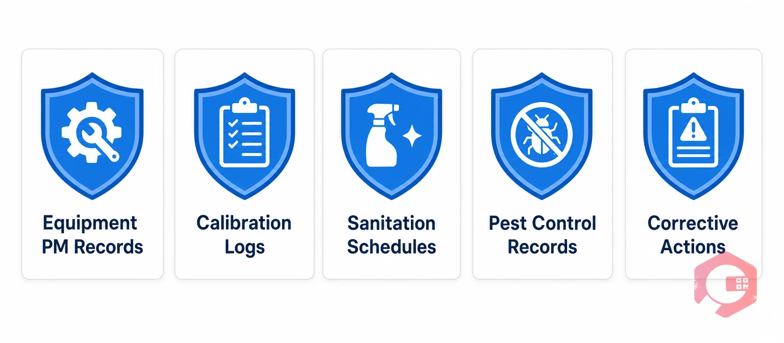 5 FSSAI inspection categories: equipment PM, calibration, sanitation, pest control, corrective actions | Cryotos