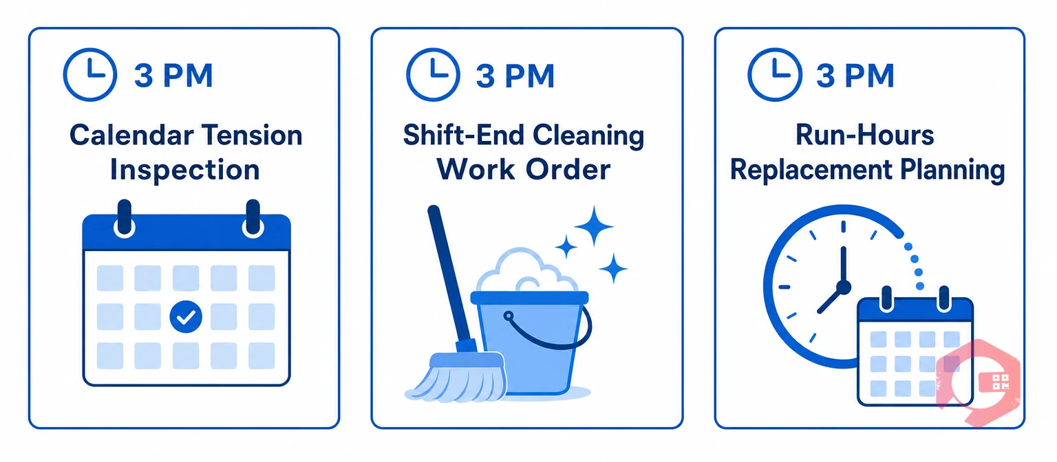 3 core conveyor belt PM triggers: calendar tension inspection, shift-end cleaning, run-hours replacement planning | Cryotos