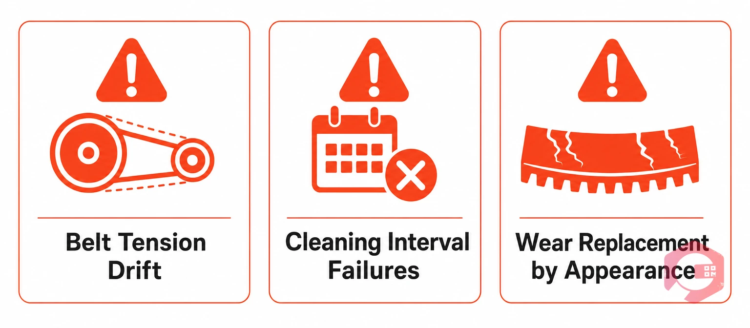 3 conveyor belt failure mechanisms in food processing: tension drift, cleaning interval failure, wear-based replacement | Cryotos