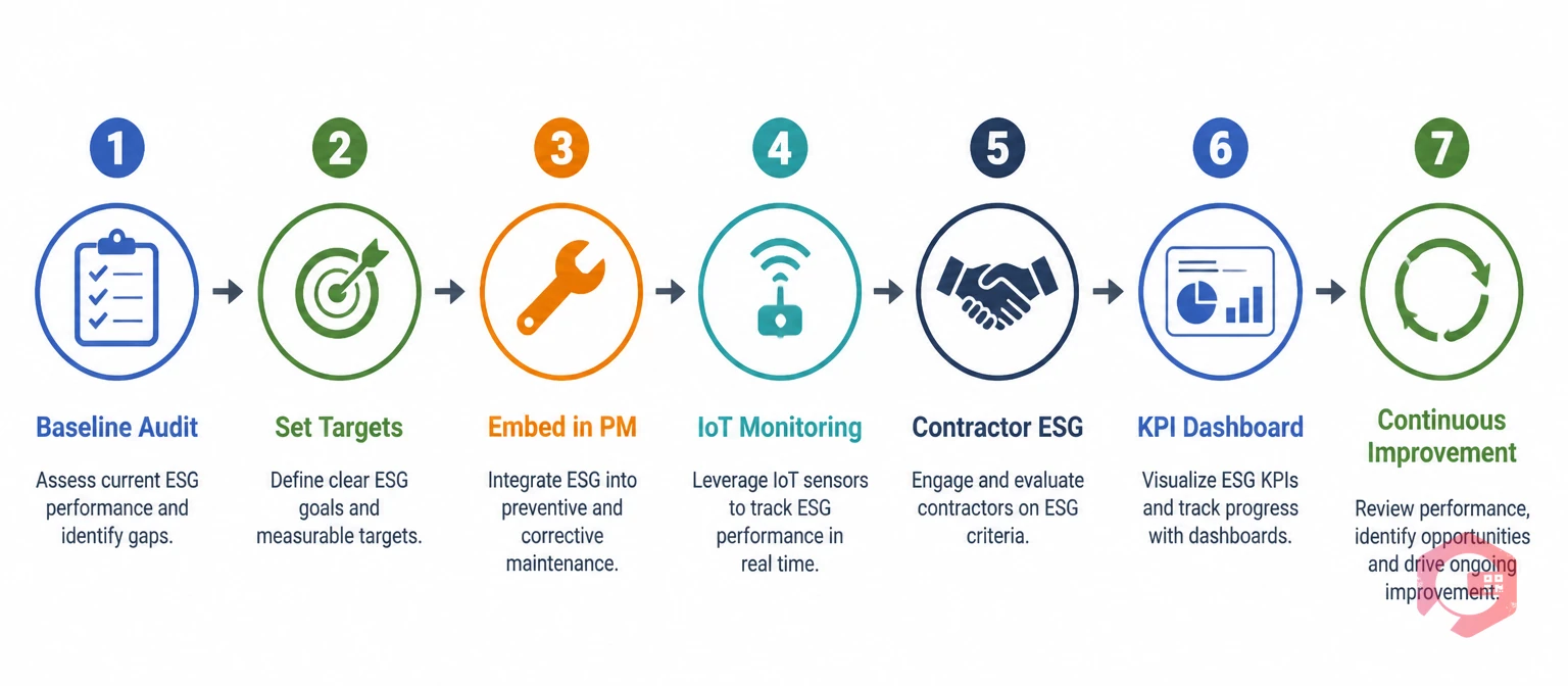 7 steps for integrating ESG into FM operations - step-by-step illustration | Cryotos