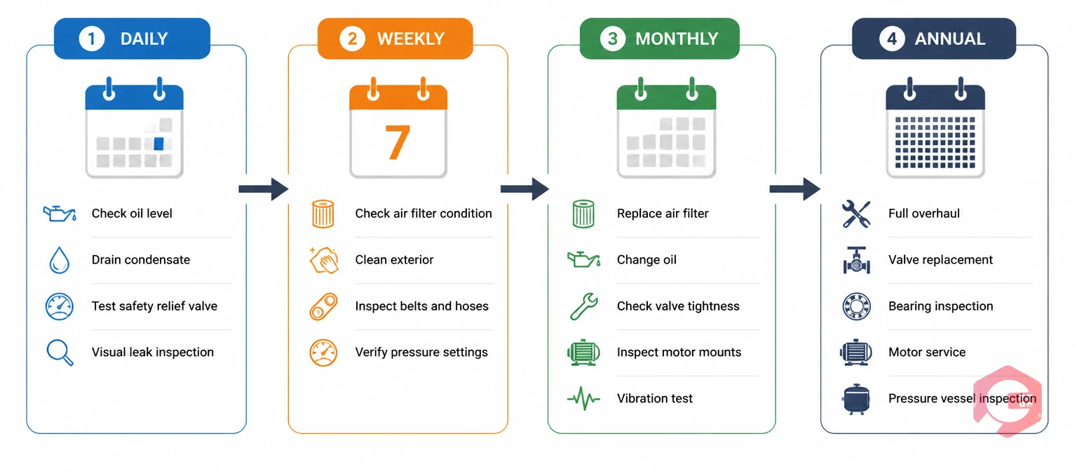 Air compressor maintenance frequency overview - daily weekly monthly annual schedule | Cryotos