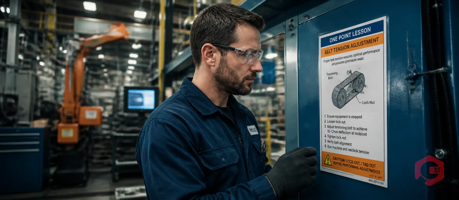 Maintenance technician learning from one-point lesson card posted on production machine | Cryotos