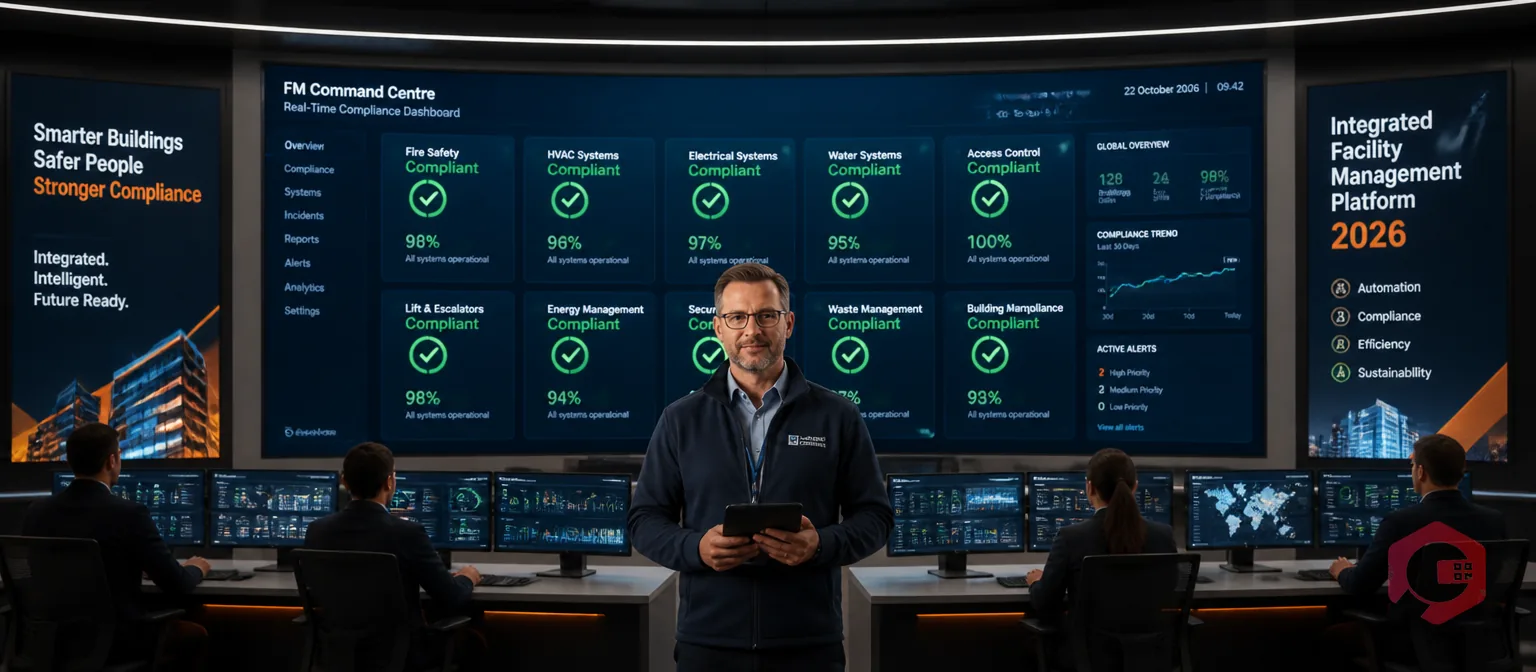 Facility compliance manager reviewing always-on compliance dashboard for 2026 FM operations | Cryotos