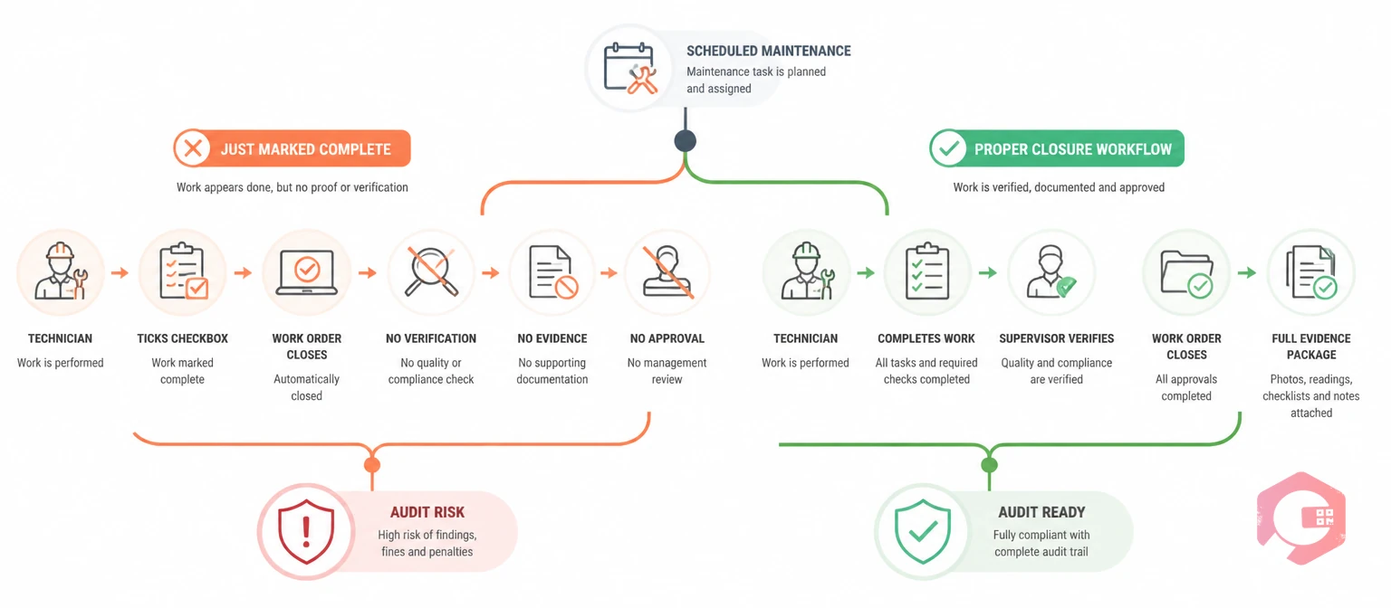 What scheduled maintenance closure is versus just marking complete - approval workflow concept | Cryotos