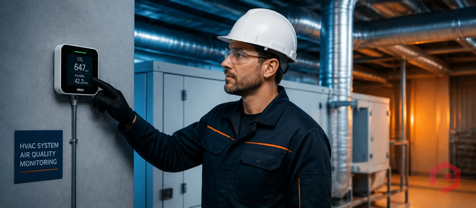 Facilities engineer monitoring IAQ sensor data connected to HVAC maintenance via CMMS | Cryotos