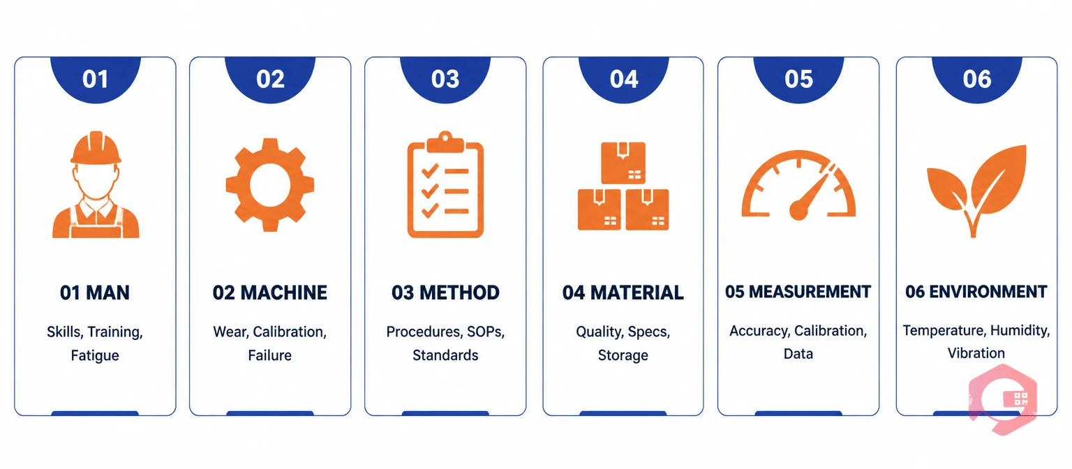 The 6Ms of fishbone diagram: Man, Machine, Method, Material, Measurement, Mother Nature cause categories illustrated as cards