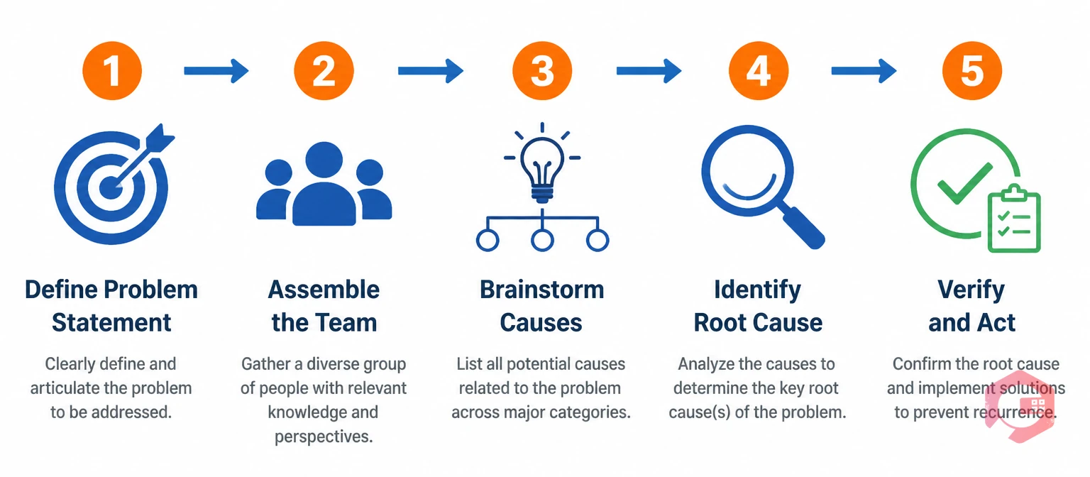 5-step process to build a fishbone diagram: Define Problem, Assemble Team, Brainstorm Causes, Identify Root Cause, Verify and Act