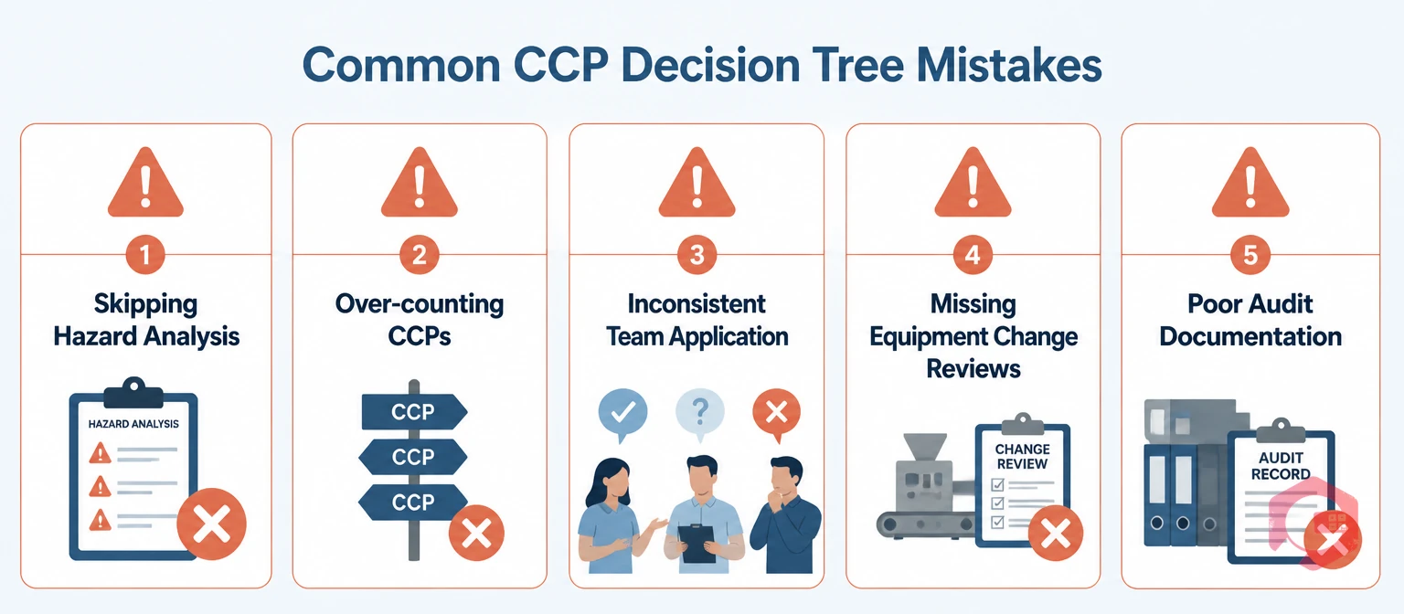 Five common mistakes when using the CCP decision tree: skipping hazard analysis, over-counting CCPs, inconsistent application, missing equipment reviews, poor documentation
