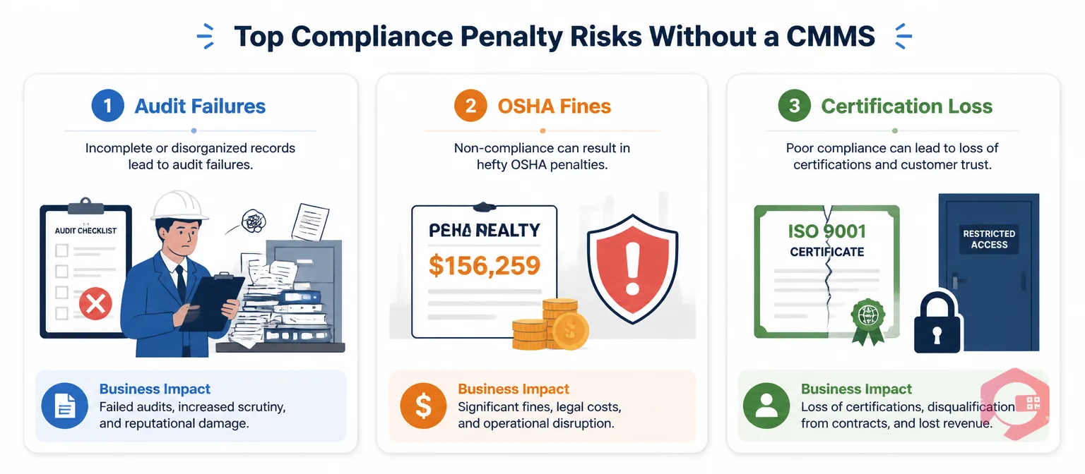 3 compliance penalty risks without CMMS: audit failures, OSHA fines, ISO certification loss | Cryotos