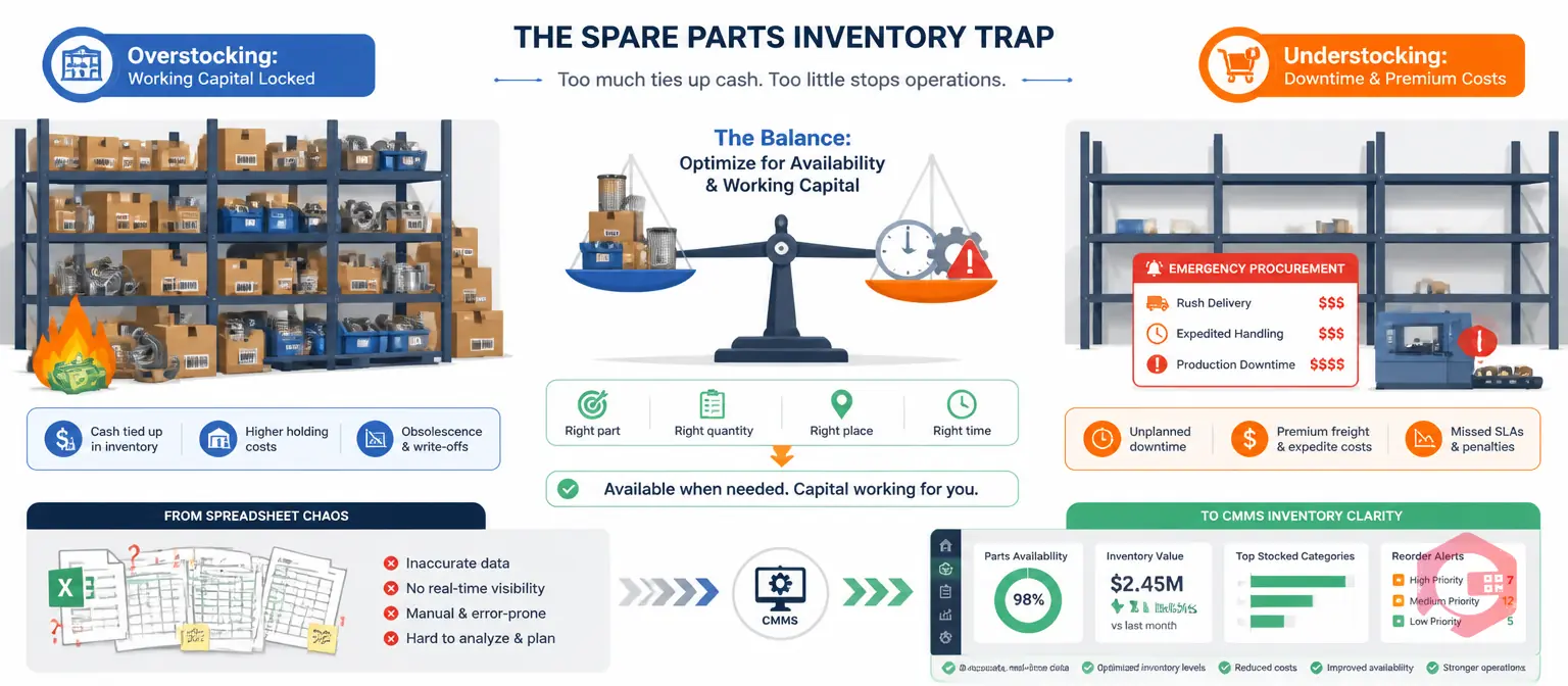 Spare parts inventory trap: overstocking vs understocking cost comparison without CMMS | Cryotos
